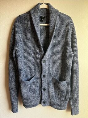 H&M Men's Heathered Navy Shawl-Collar Button Cardigan Coastal Preppy Knit